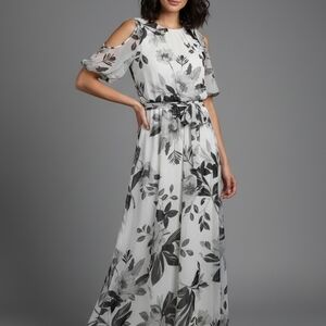 CALVIN KLEIN Floral Chiffon Maxi Dress size 4 Cold Shoulder Belted Flowy